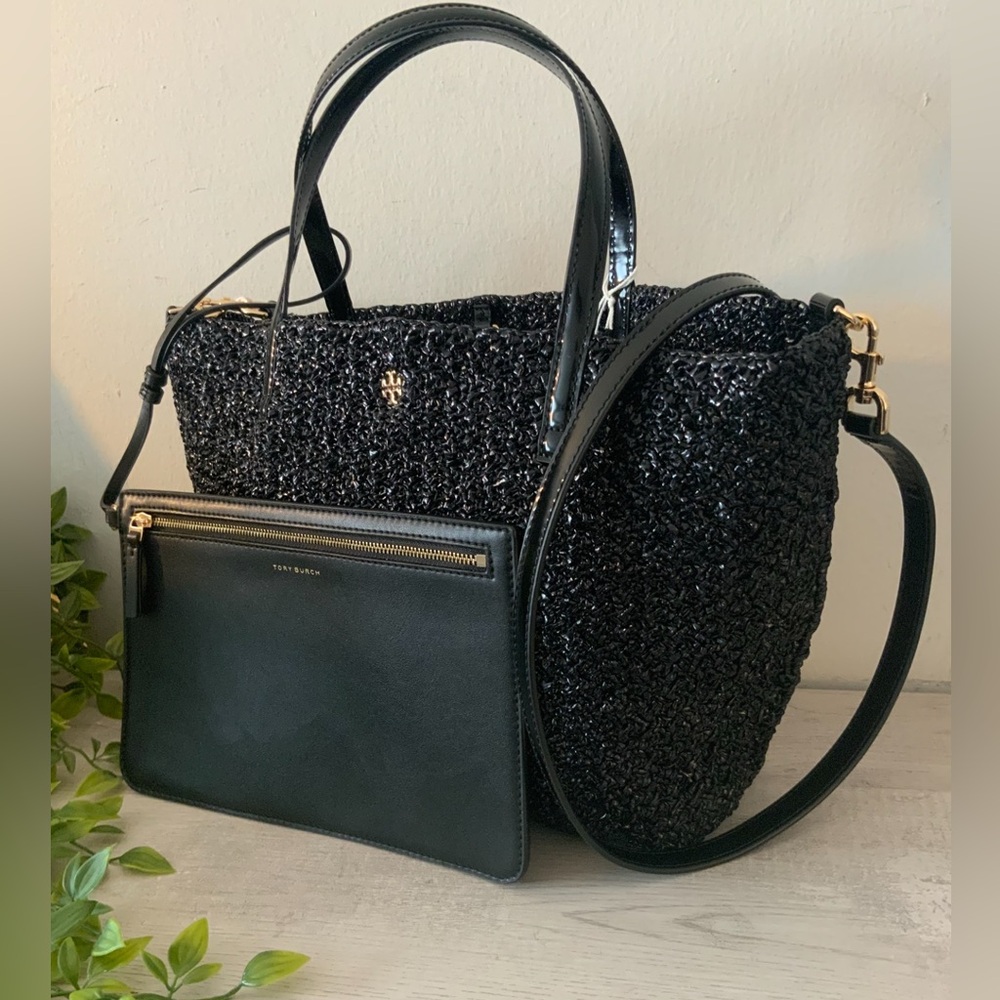 NWT TORY BURCH EMERSON LACQUERED RAFFIA TOTE W/LEATHER POUCH - Picture 2 of 11